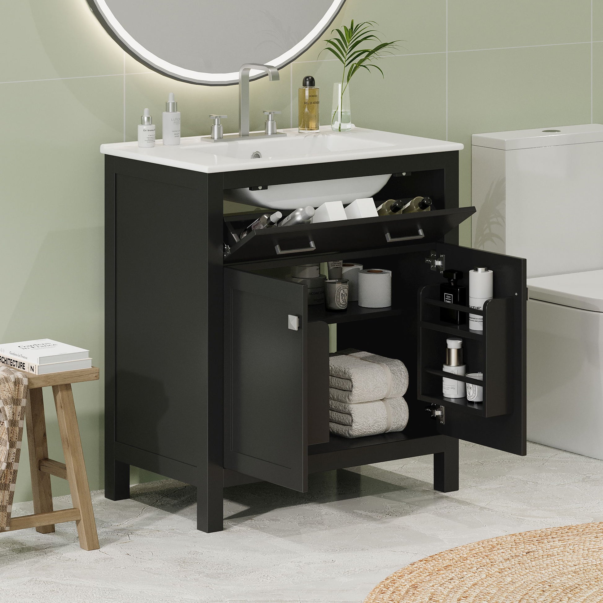 Bathroom Vanity With Ceramic Sink, Modern Single Bathroom Cabinet With 2 Doors And A Shelf, Soft Close Doors Hearth and Haven