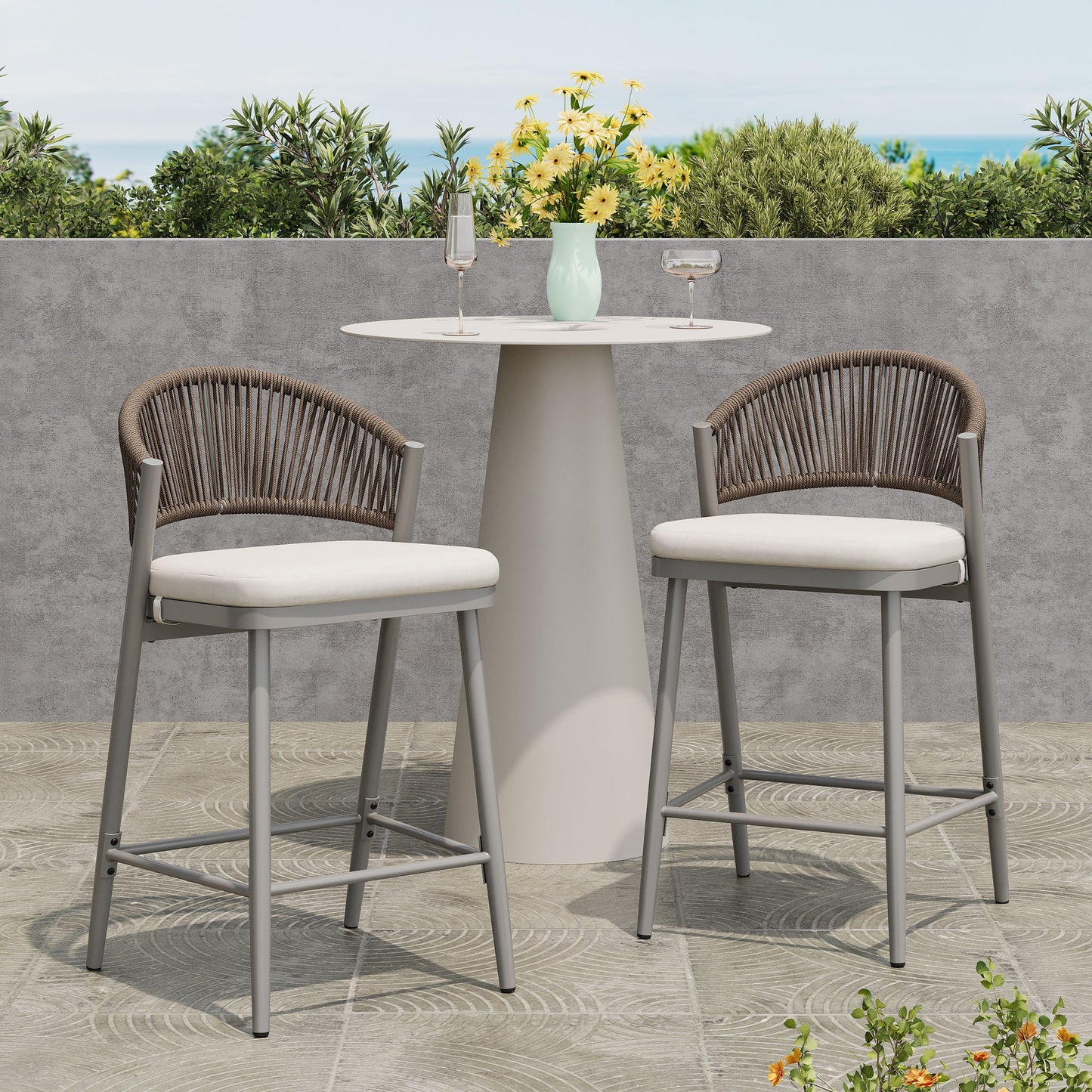 Outdoor 26" Counter Height Metal Frame Counter Stools With Scallop Shaped Backrest & Water Resistant Cushions Noble House