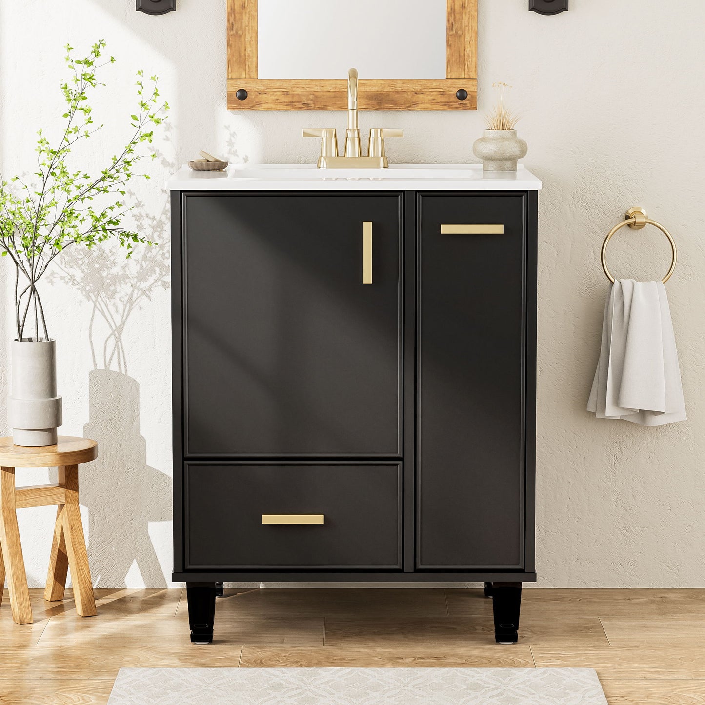 Bathroom Vanity With Sink, Deep Drawer, Door Shelf, 2 Tier Basket Noble House