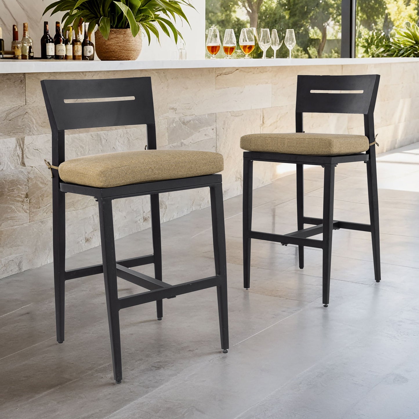 Modern Outdoor Bar Stools With Backrest And Footrest (Set of 2) Life Outside