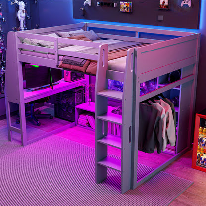 Full Size Gaming Loft Bed With Desk, Multi Storage Shelves, LED Lighting, And Hanging Clothes Rack - Gray Hearth and Haven