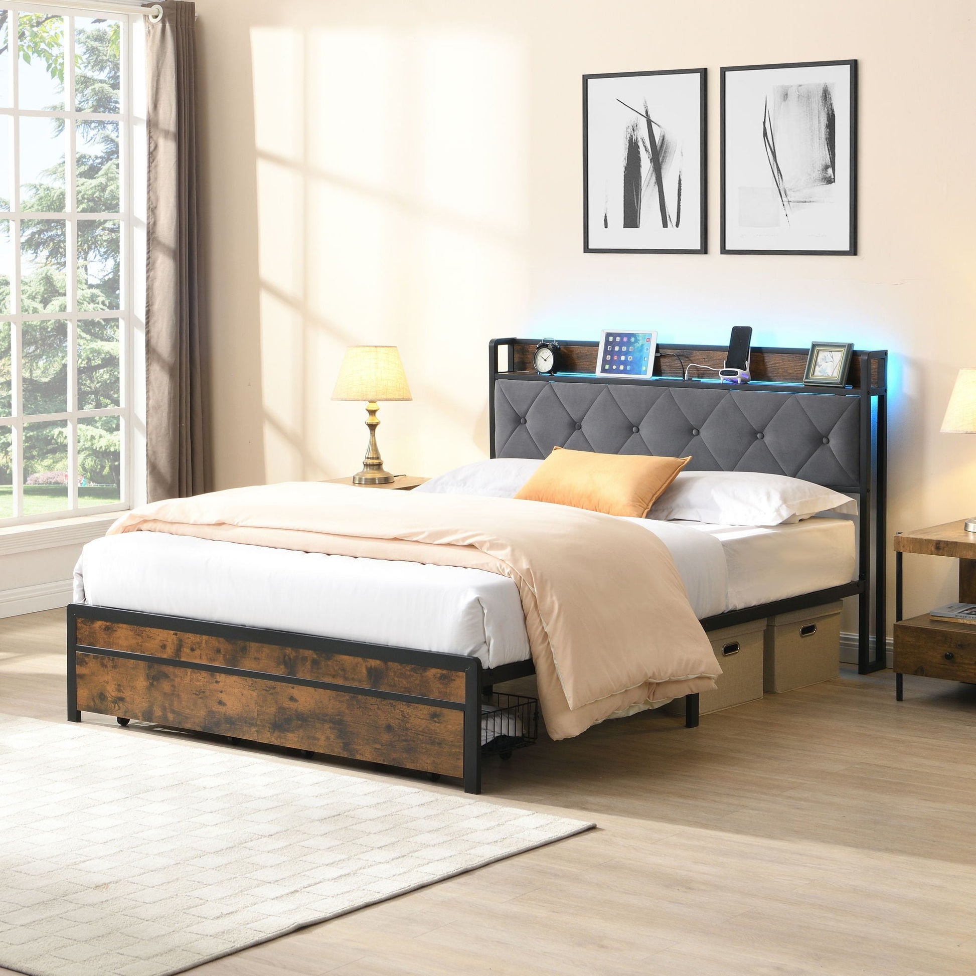 Modern Bed Frame With LED Lights, Upholstered Headboard, USB Charging Home Essentials