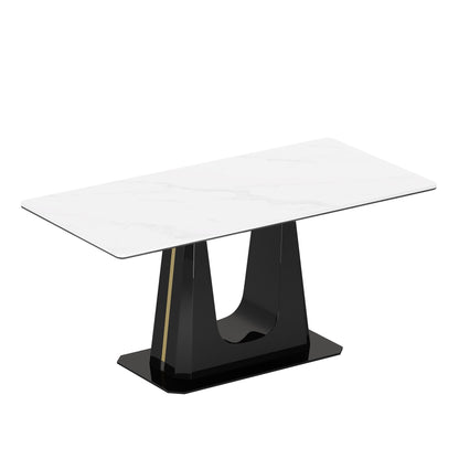 Sintered Stone Composite Tempered Glass Top Rectangular Dining Table With Stainless Steel Base - Black / White