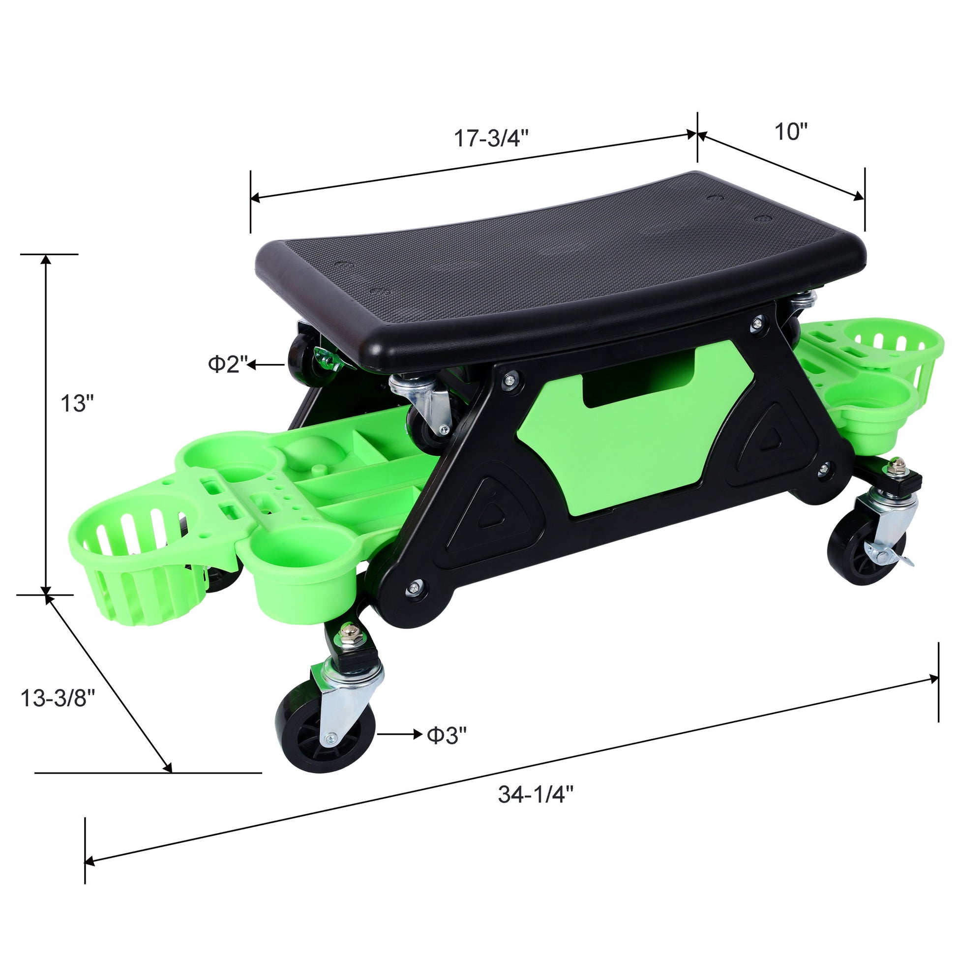 Rolling Detailing Creeper Seat With Wheels, Removable Tool Trays, 300 Lbs Capacity - Green Daily Nest