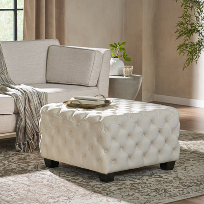 Modern Glam Ottoman With Velvet Upholstery And Button Tufted Design - Ivory Noble House