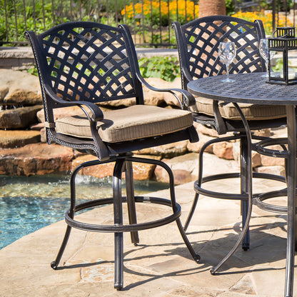 Elegant Cast Aluminum Counter Stool Set With Cushions, All Weather Design - Dark Brown Home Essentials