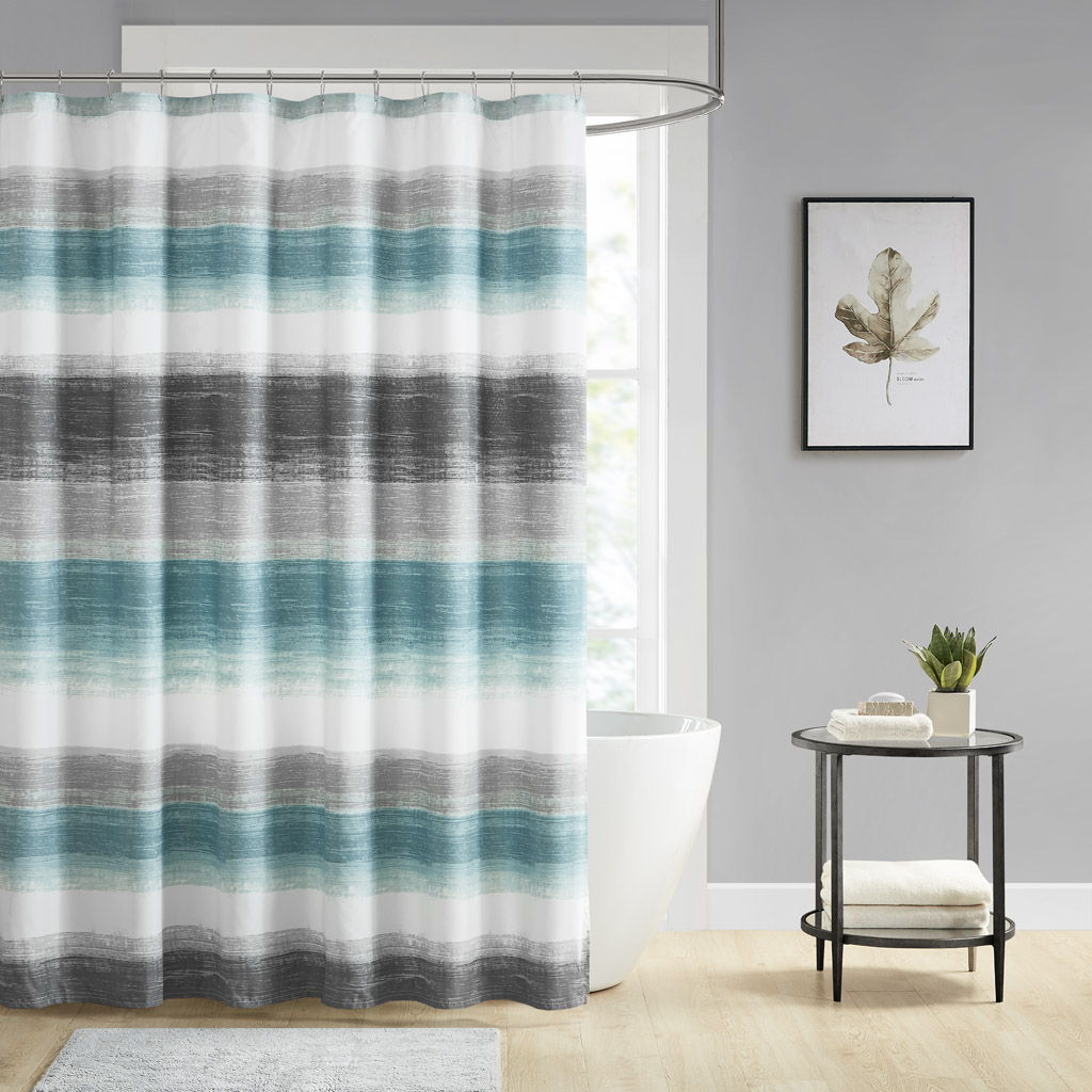 Saben - Stripe Print Shower Curtain - Aqua/Gray