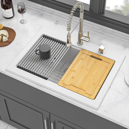 Quartz Kitchen Sink 30" X 22" Granite Composite Workstation Drop In Sink - White Daily Nest