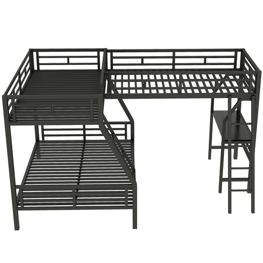 Twin Over Full Bunk Bed With Loft And Desk, L-Shaped Design For 3 Sleepers - Black Hearth and Haven