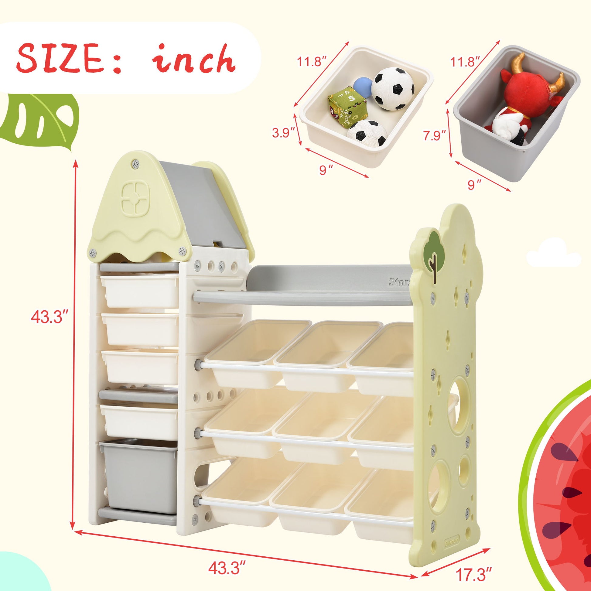 Kids Toy Storage Organizer With 14 Bins, Multi-Functional Nursery Organizer Kids Furniture Set Toy Storage Cabinet Unit With HDPE Shelf And Bins For Playroom, Bedroom, Living Room - Light Green Hearth and Haven