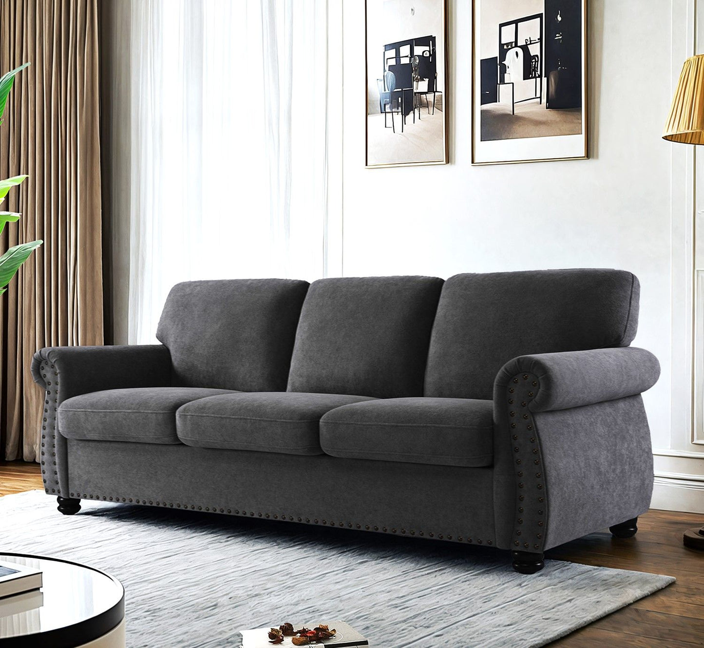 Soft Sofa, Upholstered 3 Seater Couch With High Density Foam, Loose Back Cushions And Turned Legs US Pride