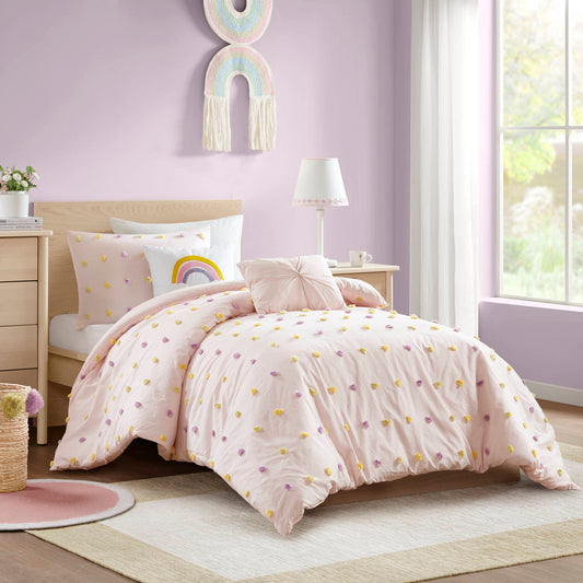 Callie - 4 Piece Twin/Twin Long Pom Pom Comforter Set - Pink Multi Urban Habitat Kids