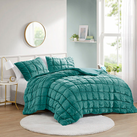 Velvet Dream Puff - 3 Piece Comforter Set - Blue