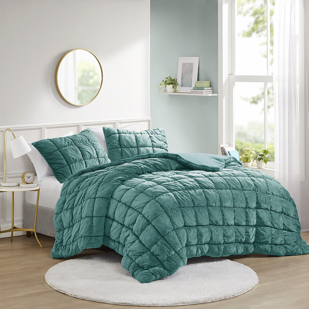 Velvet Dream Puff - 3 Piece Comforter Set - Teal