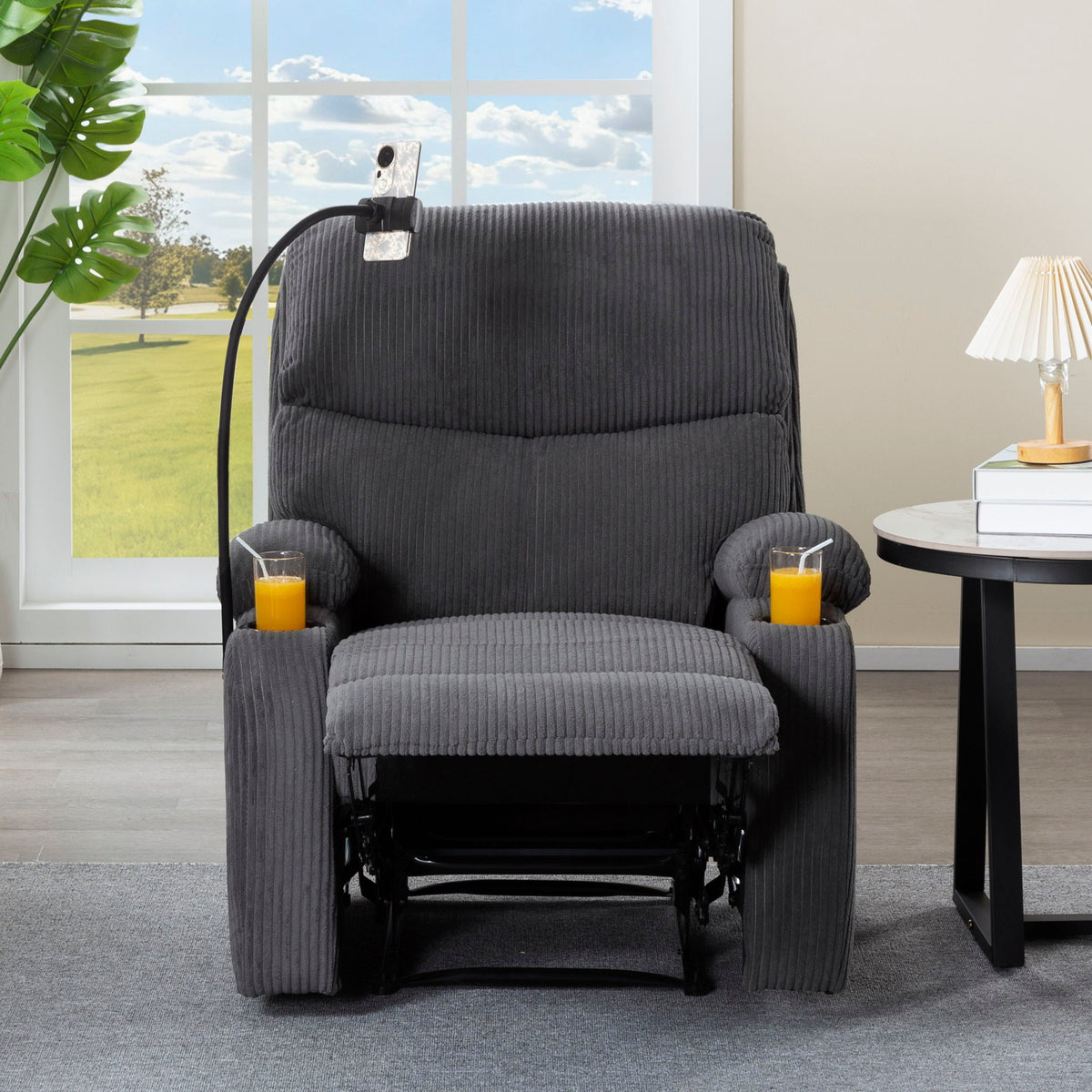 Adjustable Manual Recliner, Ergonomic Lounge Chair With Phone Holder And 2 Cup Holders Home Essentials
