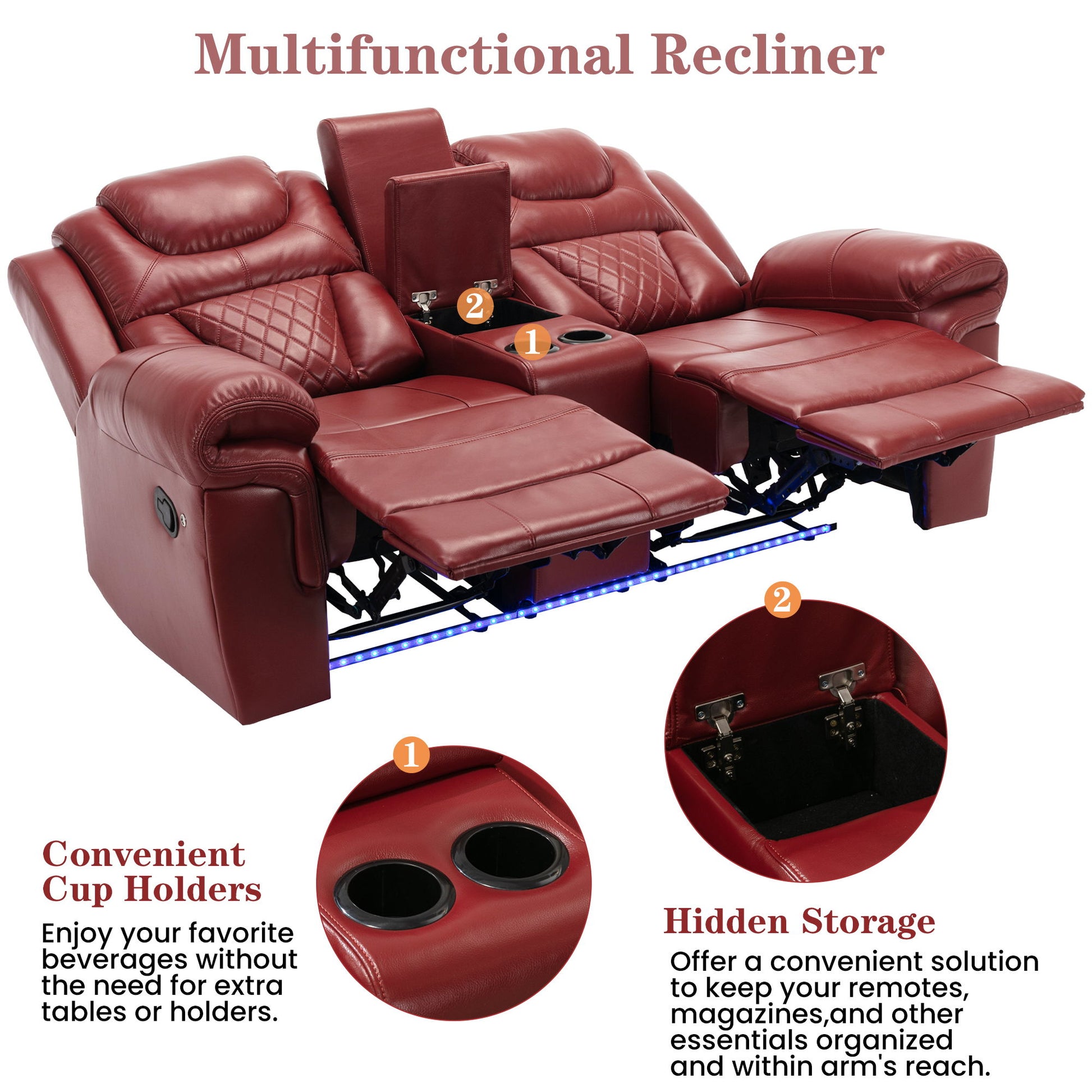 Home Theater Seating Manual Recliner Chair With Center Console And LED Light Strip For Living Room - Red Hearth and Haven