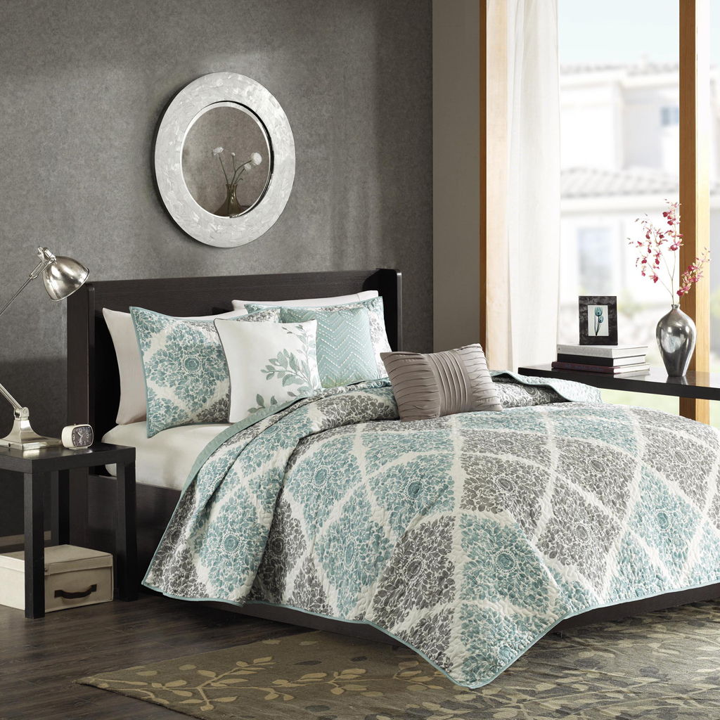 Claire - King 6 Piece Reversible Coverlet Set - Aqua