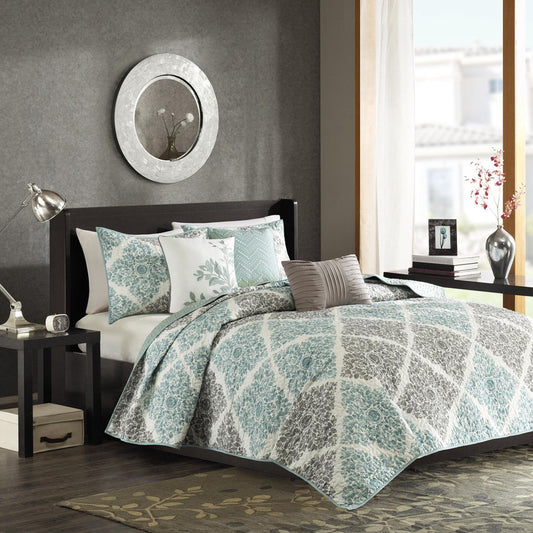 Claire - King 6 Piece Reversible Coverlet Set - Aqua Madison Park