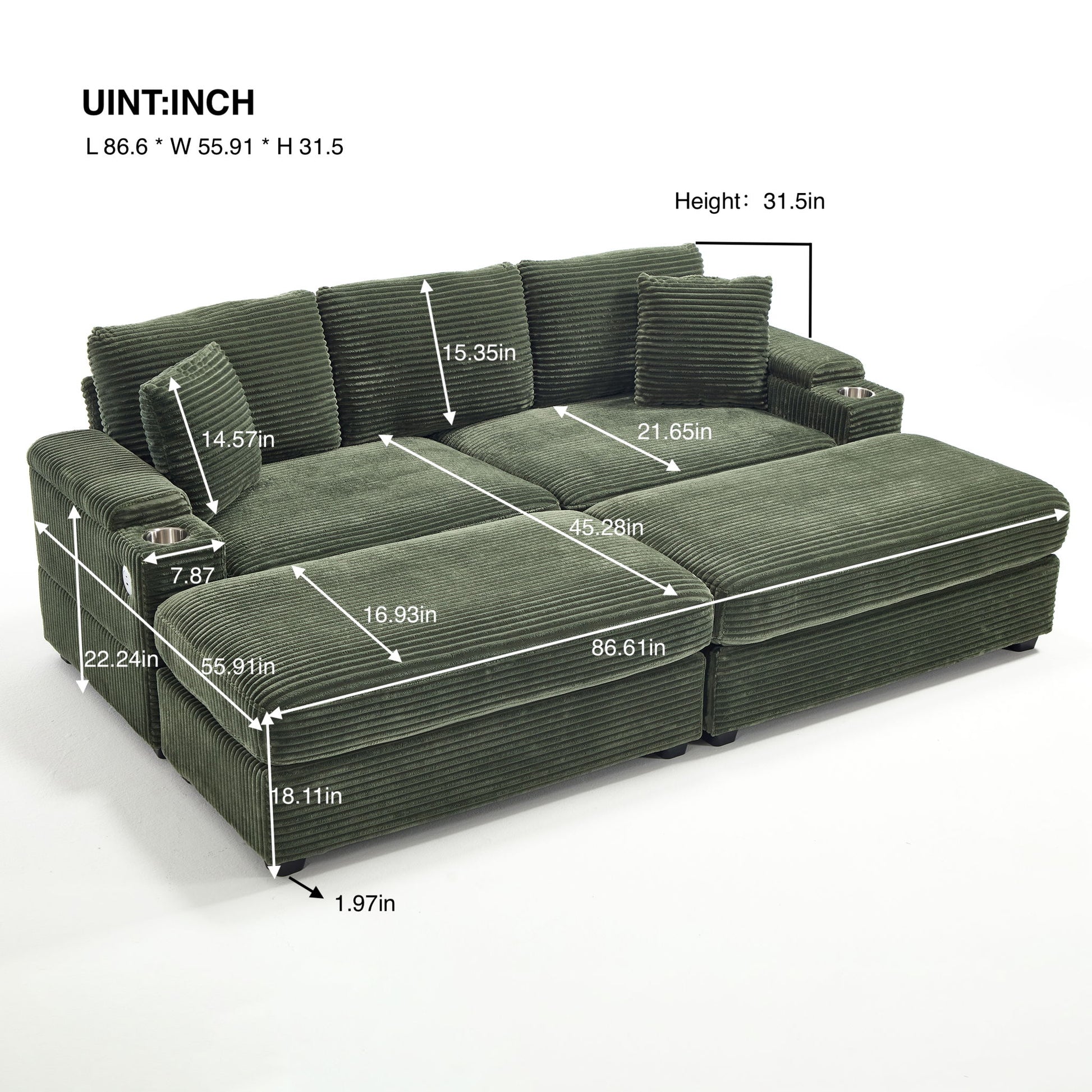 Convertible Sectional Sofa Bed Set With Armrest Storage, Cup Holder, USB, 4 Seater - Green Home Essentials