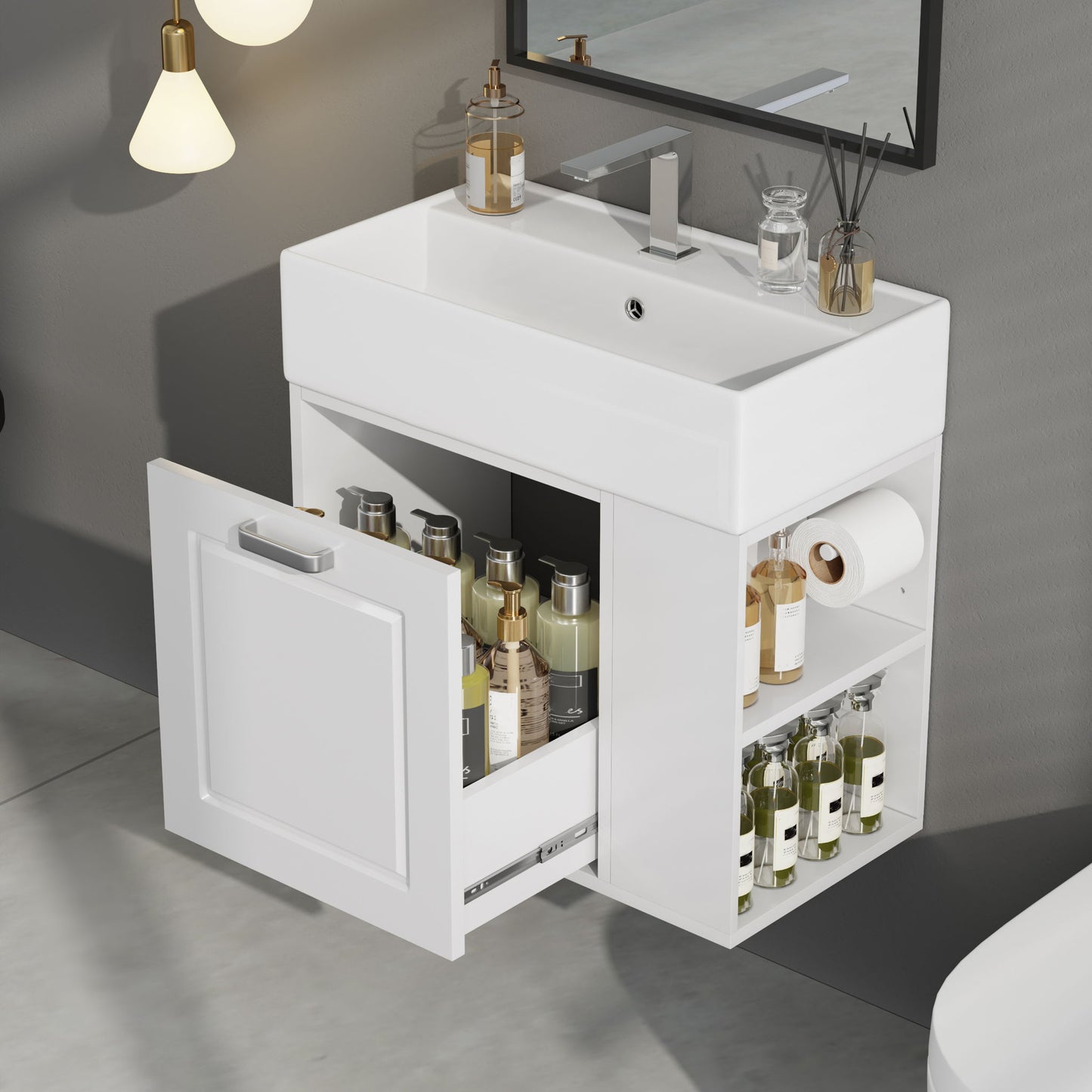 Modern Wall Mounted Bathroom Vanity With Sink, Soft Close Drawer, Adjustable Shelf, Toilet Paper Holder Noble House