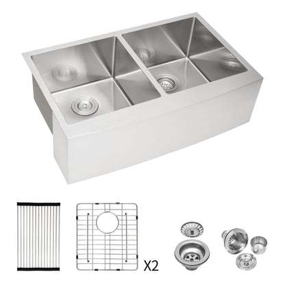Double Bowl Farmhouse Sink, Stainless Steel Apron Front Kitchen Sink 16 Gauge - Brushed Nickel Daily Nest