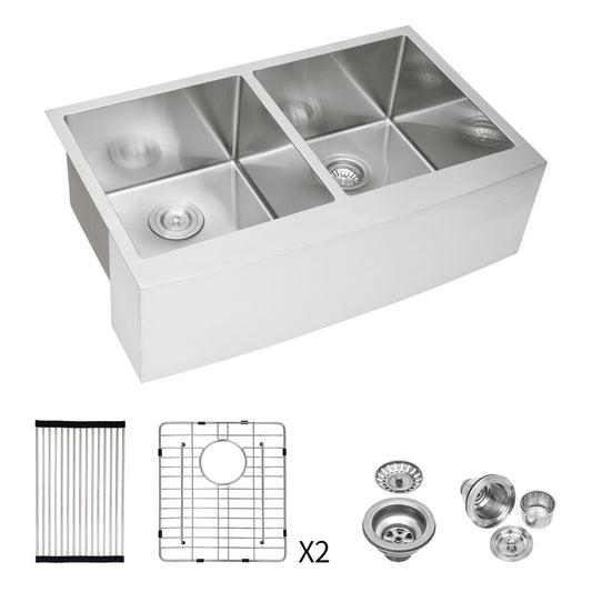Double Bowl Farmhouse Sink, Stainless Steel Apron Front Kitchen Sink 16 Gauge - Brushed Nickel Daily Nest