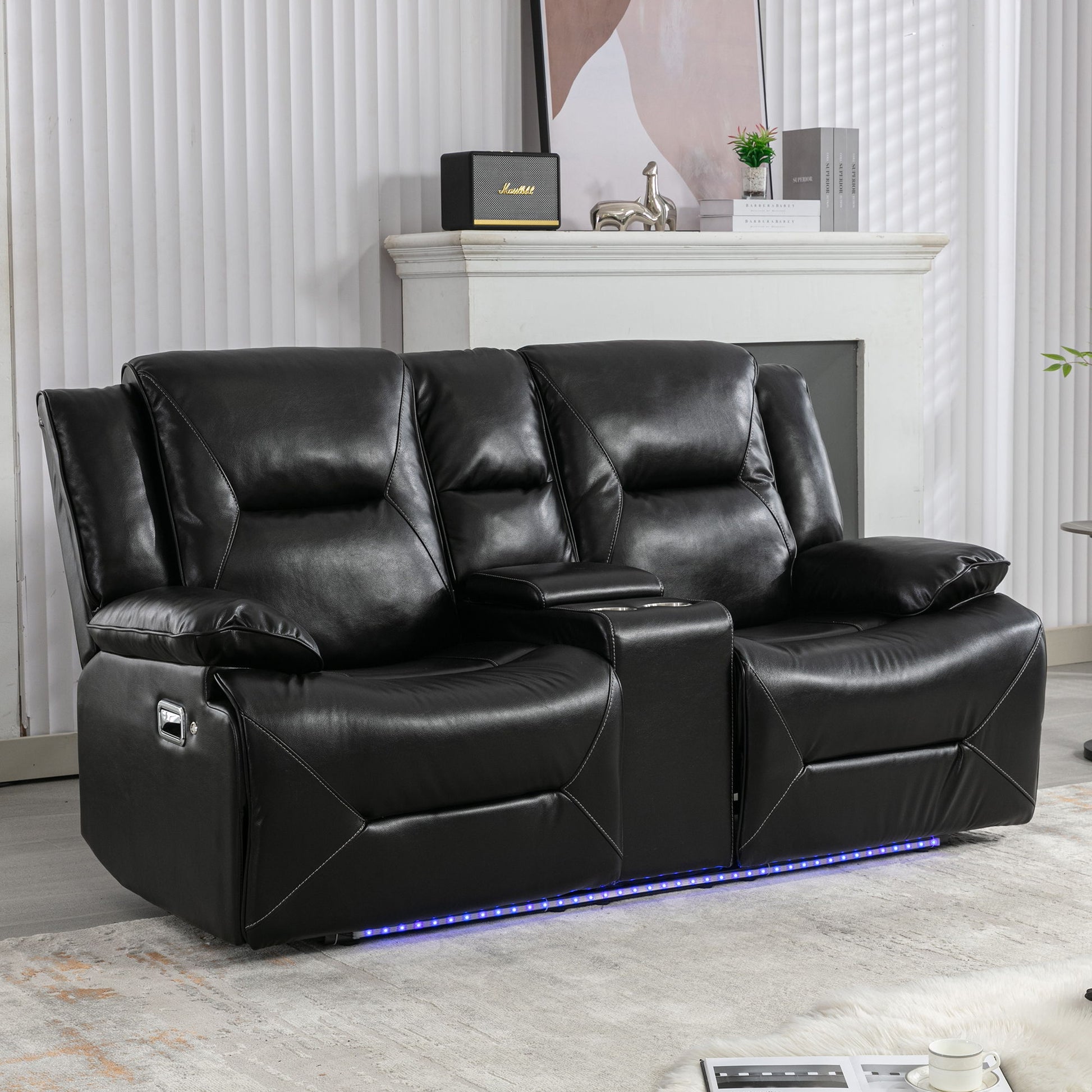 2 Seater Home Theater Recliner Manual Recliner Chair With A LED Light Strip Two Cup Holders And A Storage Box For Living Room Hearth and Haven