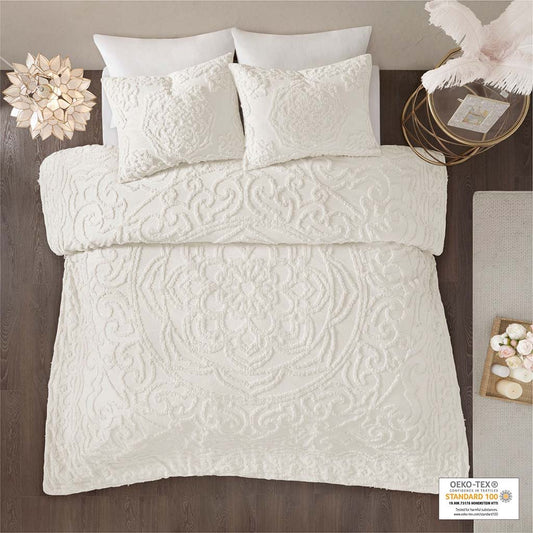 Laetitia - King 3 Piece Tufted Medallion Duvet Cover Set - Off White Madison Park