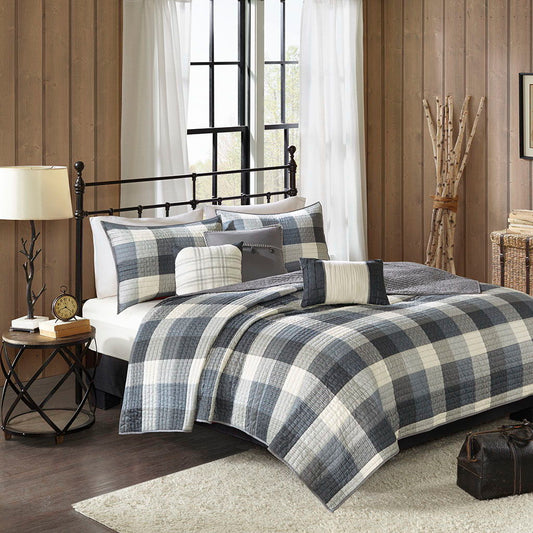 Ridge - 6 Piece Reversible Herringbone Coverlet Set - Gray- Full Madison Park