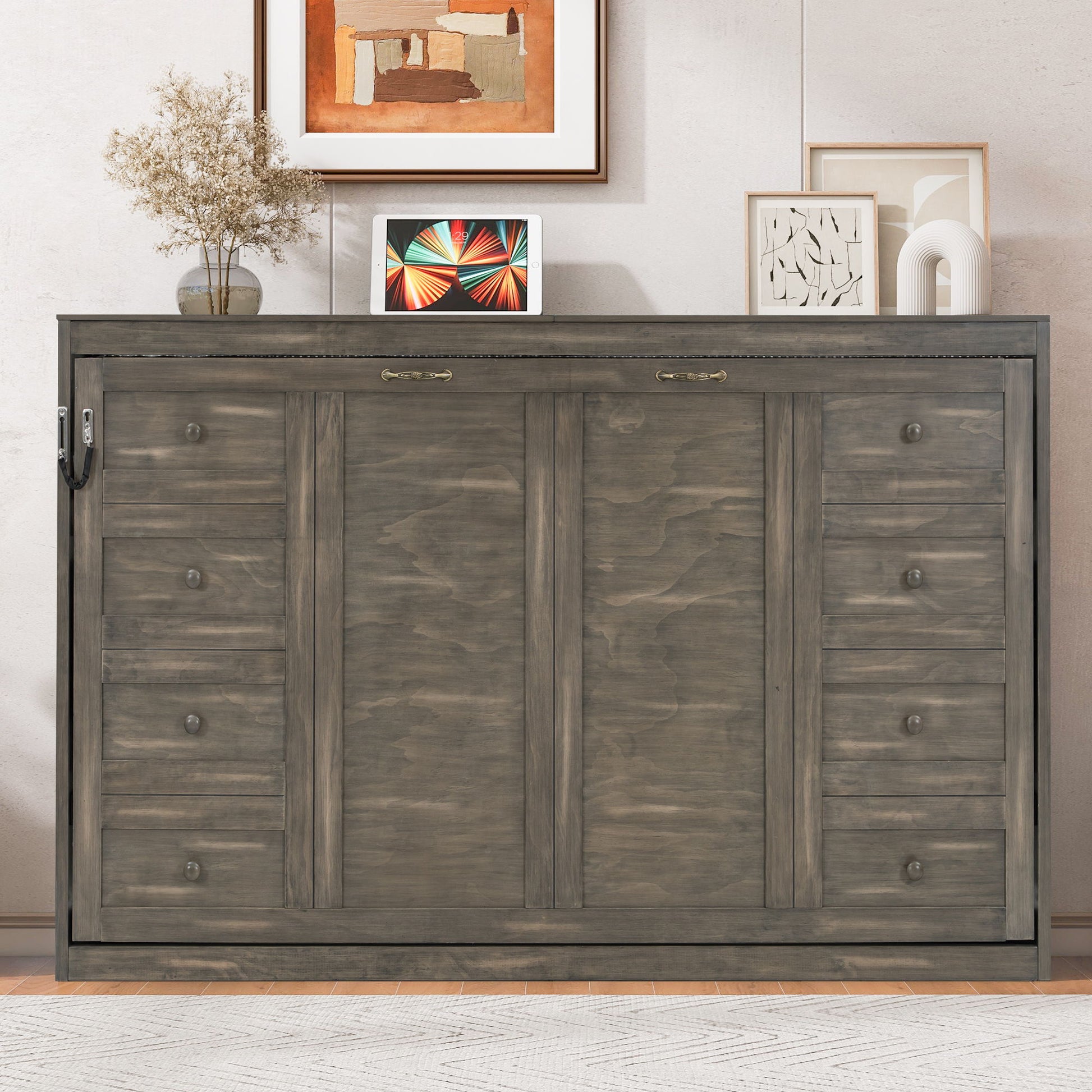 Murphy Bed With LED Light, Foldable Wall Bed Cabinet Hearth and Haven