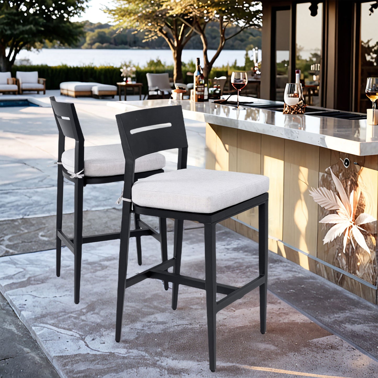 Modern Outdoor Bar Stools With Backrest And Footrest (Set of 2) Life Outside