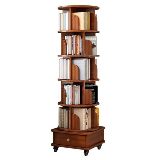 6 Tier Rotating Bookshelf With Wheels, 360° Wood Corner Bookcase Organizer For Small Spaces - Walnut Brown