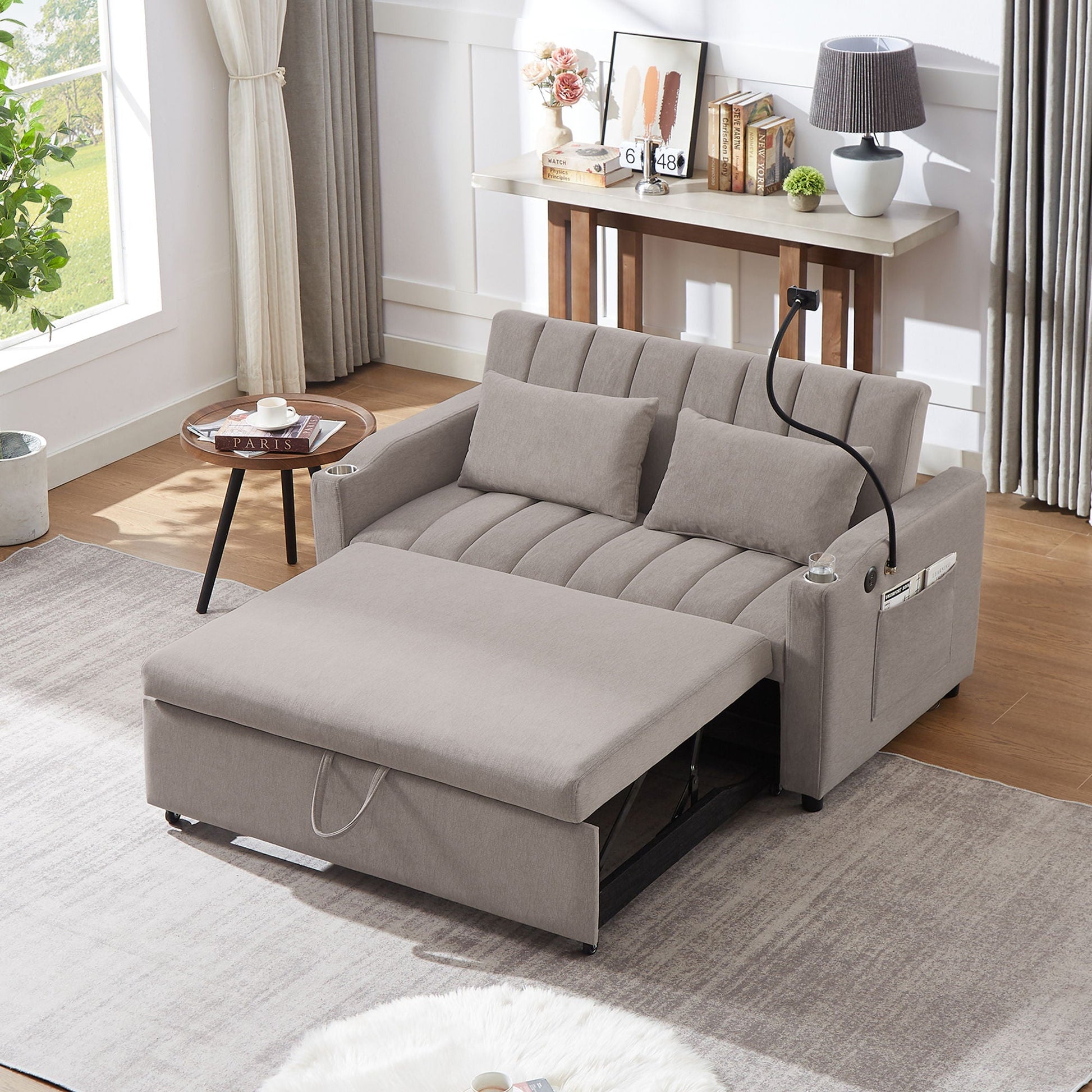 Convertible Sofa Bed Loveseat Sofa With Three USB Ports, Two Side Pockets, Two Cup Holders And 360° swivel Phone Holder For Living Room Hearth and Haven