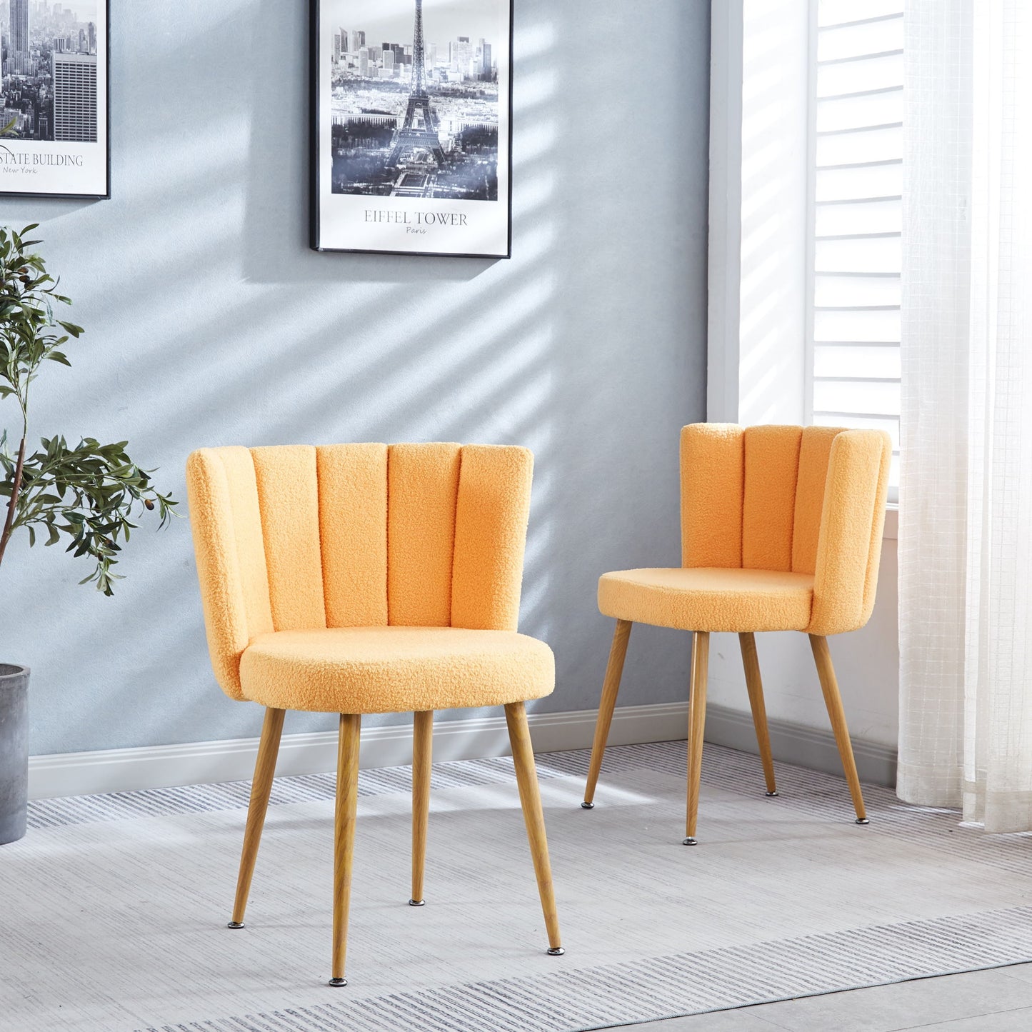 Modern Dining Chair (Set of 2) With Iron Tube Wood Color Legs, Shorthair Cushions And Comfortable Backrest, Suitable For Dining Room, Living Room, Cafe, Simple Structure Home Essentials