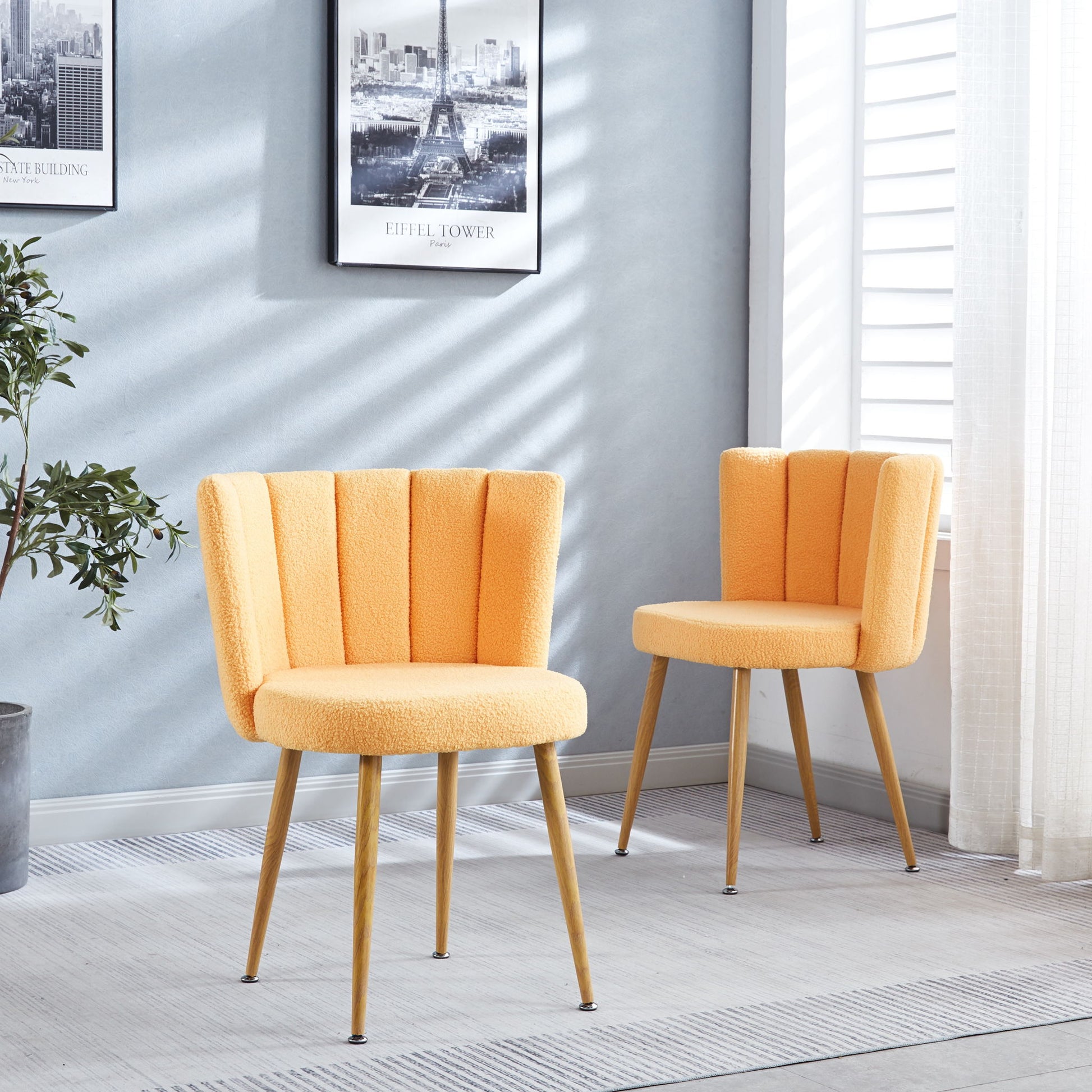 Modern Dining Chair (Set of 2) With Iron Tube Wood Color Legs, Shorthair Cushions And Comfortable Backrest, Suitable For Dining Room, Living Room, Cafe, Simple Structure Home Essentials