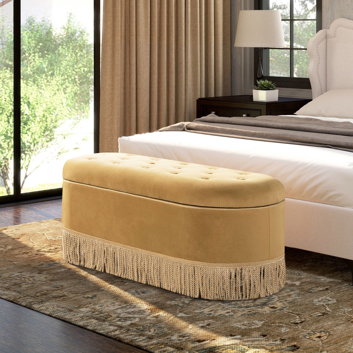 Melinda - Oval Tufted Bullion Fringe Storage Bench Jennifer Taylor Home