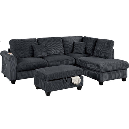Contemporary Sectional Set With Right Arm Chaise, Left Arm Sofa With USB Port, Storage Ottoman Home Essentials