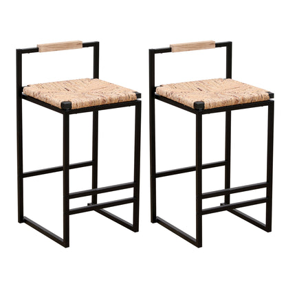 Water Hyacinth Woven Bar Stools With Back Support, Counter Height Dining Chairs (Set of 2) - Natural Home Essentials