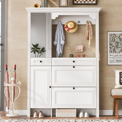 Hall Tree With Integrated Shoe Cabinet And Mirrored Cabinet Door, Coat Hanger, Entryway Bench, 4 In 1 Design, 2 Flip Drawers, 4 Hooks And 2 Cabinets For Entrance, Living Room - White Hearth and Haven