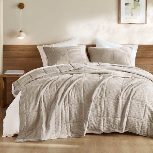 Mina - King/California King Waffle Weave Textured Quilt Set - Neutral Super Listing