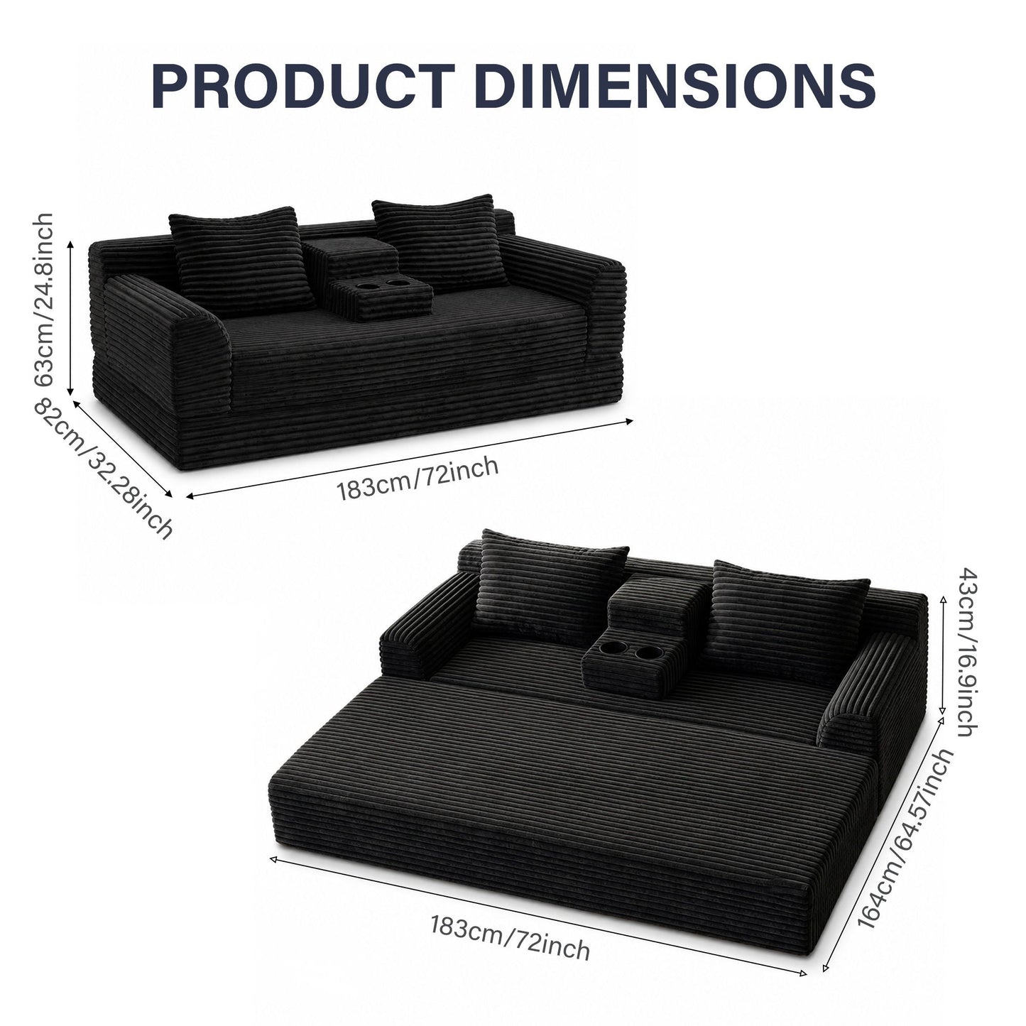 Soft Striped Convertible Sofa Bed, Dual Use Lounge Couch With Cup Holders And Pillows Home Essentials