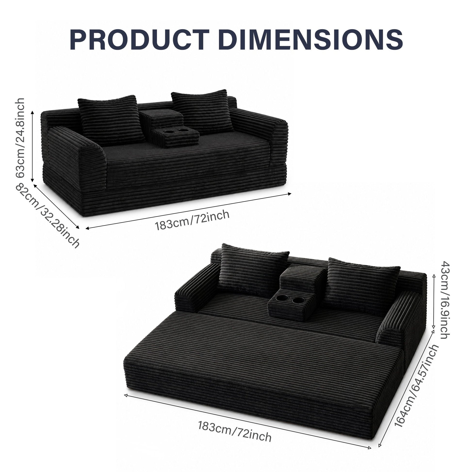 Soft Striped Convertible Sofa Bed, Dual Use Lounge Couch With Cup Holders And Pillows Home Essentials