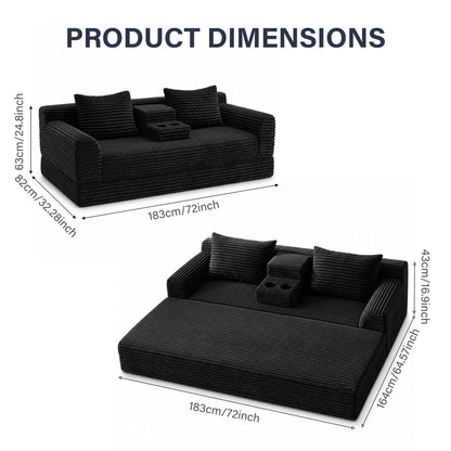 Soft Striped Convertible Sofa Bed, Dual Use Lounge Couch With Cup Holders And Pillows Home Essentials
