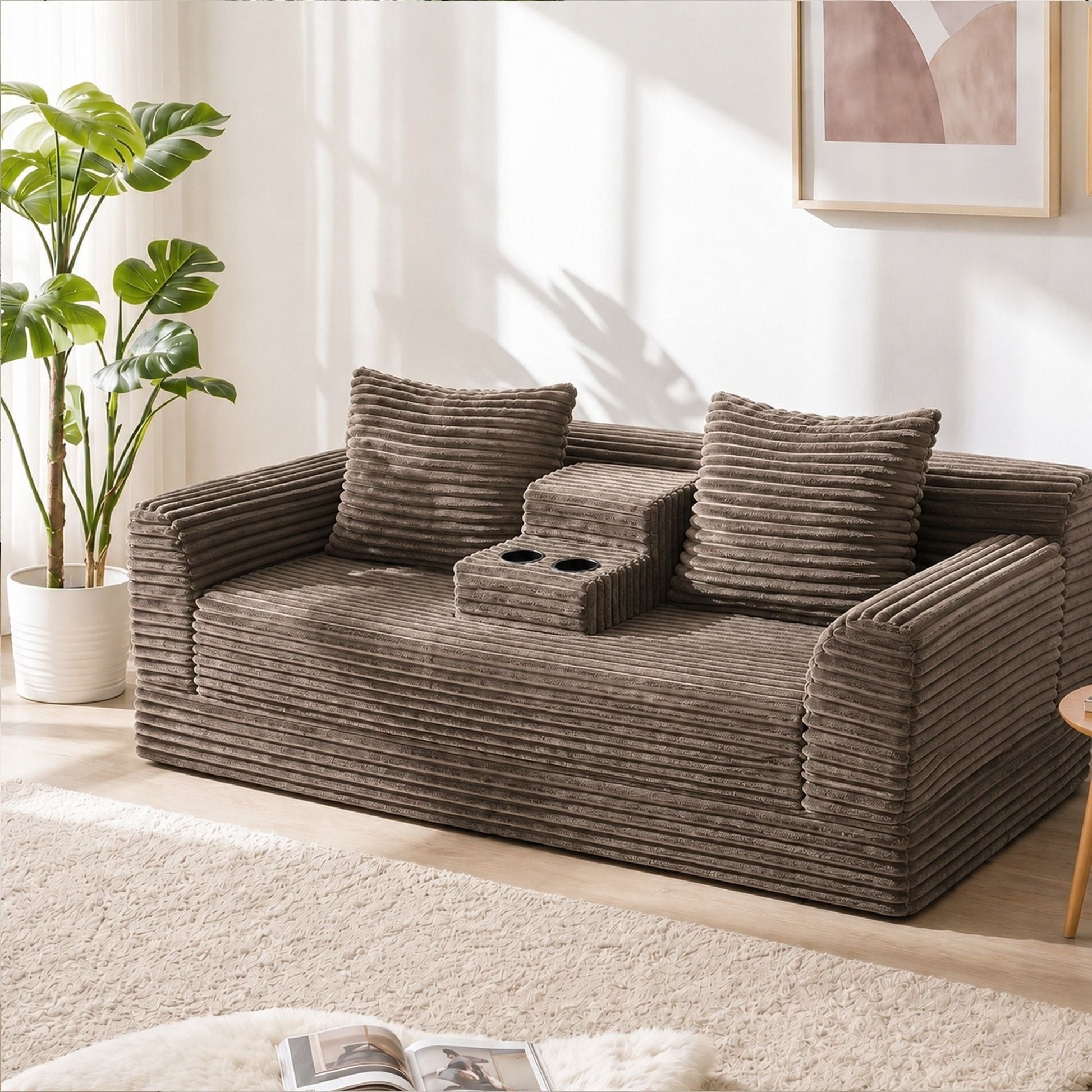 Soft Striped Convertible Sofa Bed, Dual Use Lounge Couch With Cup Holders And Pillows Home Essentials