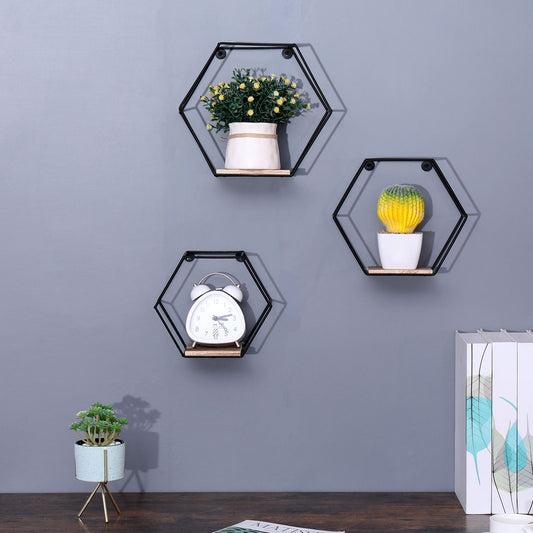 Wall Mounted Hexagonal Floating Shelves - Black (Set of 3) In Different Sizes, Modern Metal Wall Shelf, Simple Wood Partition Storage Shelves, Wall Decor Rack - Natural Wood Daily Nest