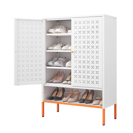Grid Double Door Shoe Cabinet With Adjustable Compartments And Moisture-Proof Design In White Metal Daily Nest