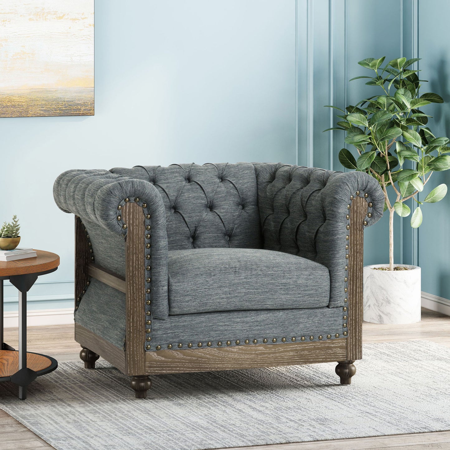 Fabric Upholstered Club Chair With Scrolled Tuxedo Arms Noble House