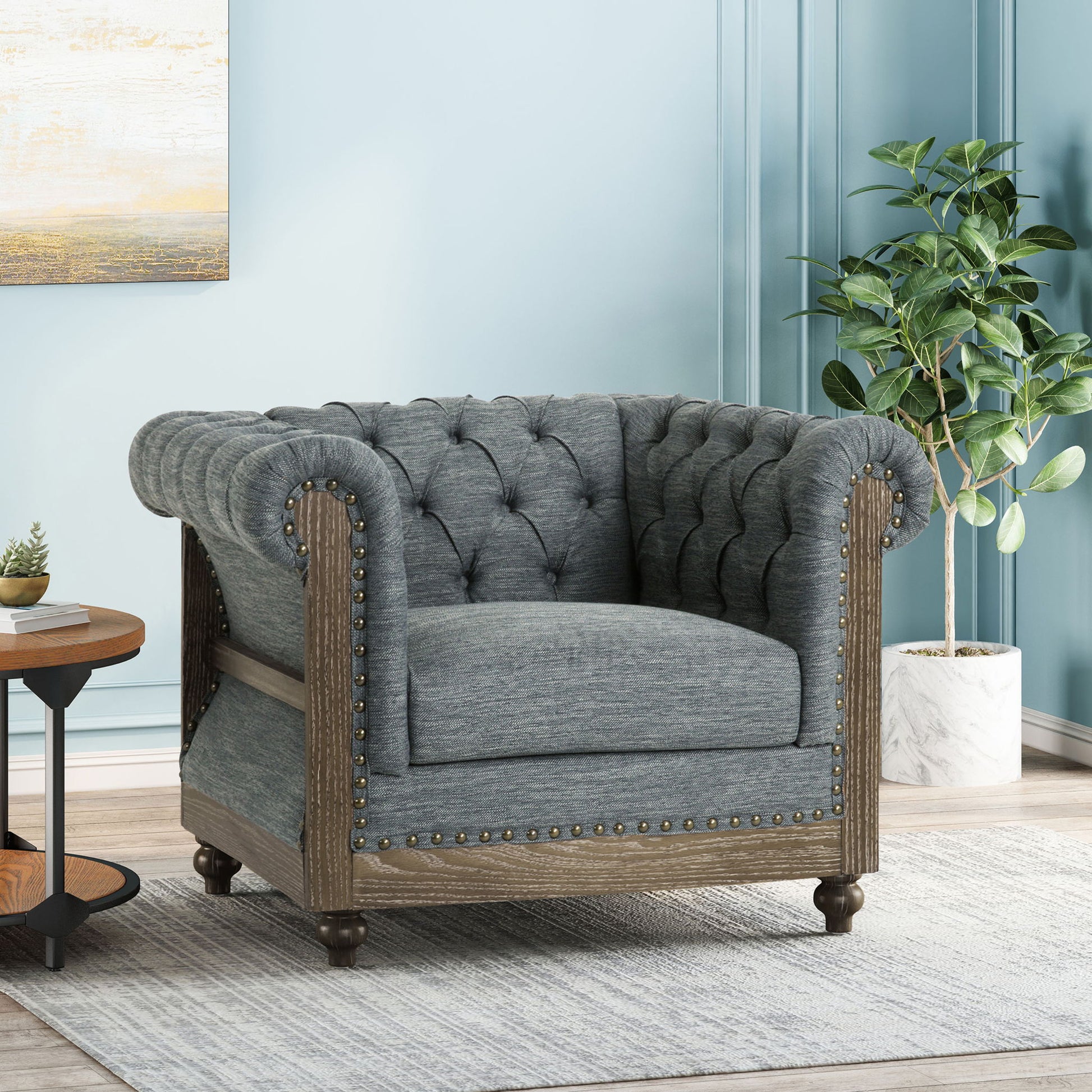 Fabric Upholstered Club Chair With Scrolled Tuxedo Arms Noble House