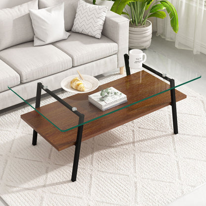 Rectangle Coffee Table, Tempered Glass Tabletop With Metal Legs, Modern Table For Living Room Home Essentials