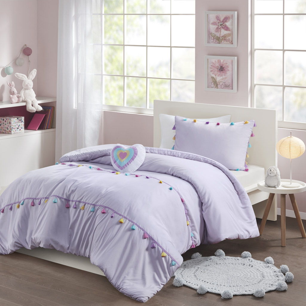 Tessa - 3 Piece Twin Tassel Comforter Set With Heart Shaped Throw Pillow - Lavender Mi Zone Kids